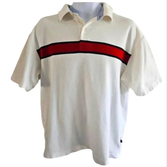 VTG Tommy Hilfiger Mens L Polo Shirt Red Stripe White 90s Preppy Sporty Tee - Picture 2 of 8